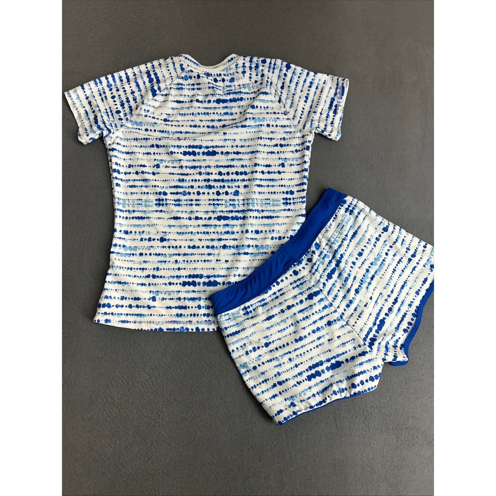 Eddie Bauer Swim Set Kids L 14/16 Blue White Tie Dye Rash Guard Shorts 2pc - Picture 4 of 12